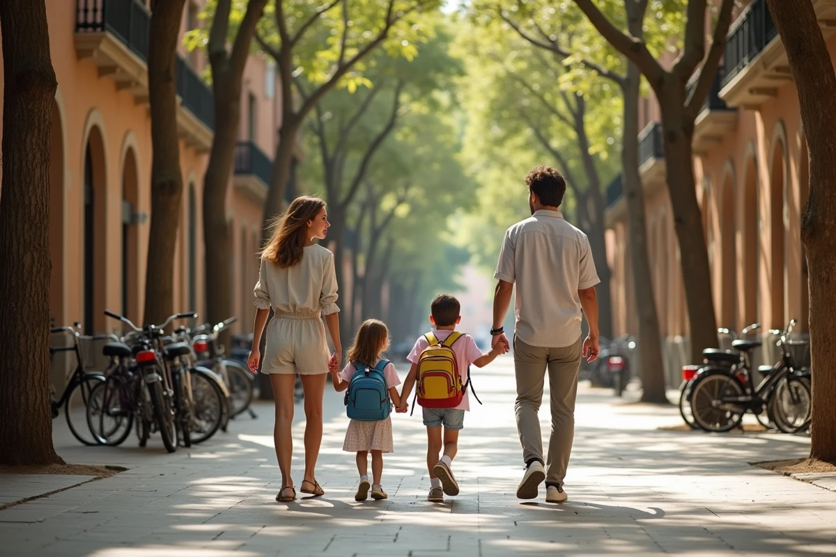 Famille avec enfants marchant vers une école dans un quartier résidentiel de Barcelone