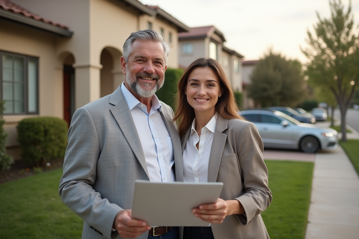 Famille devant maison avec panneau a vendre