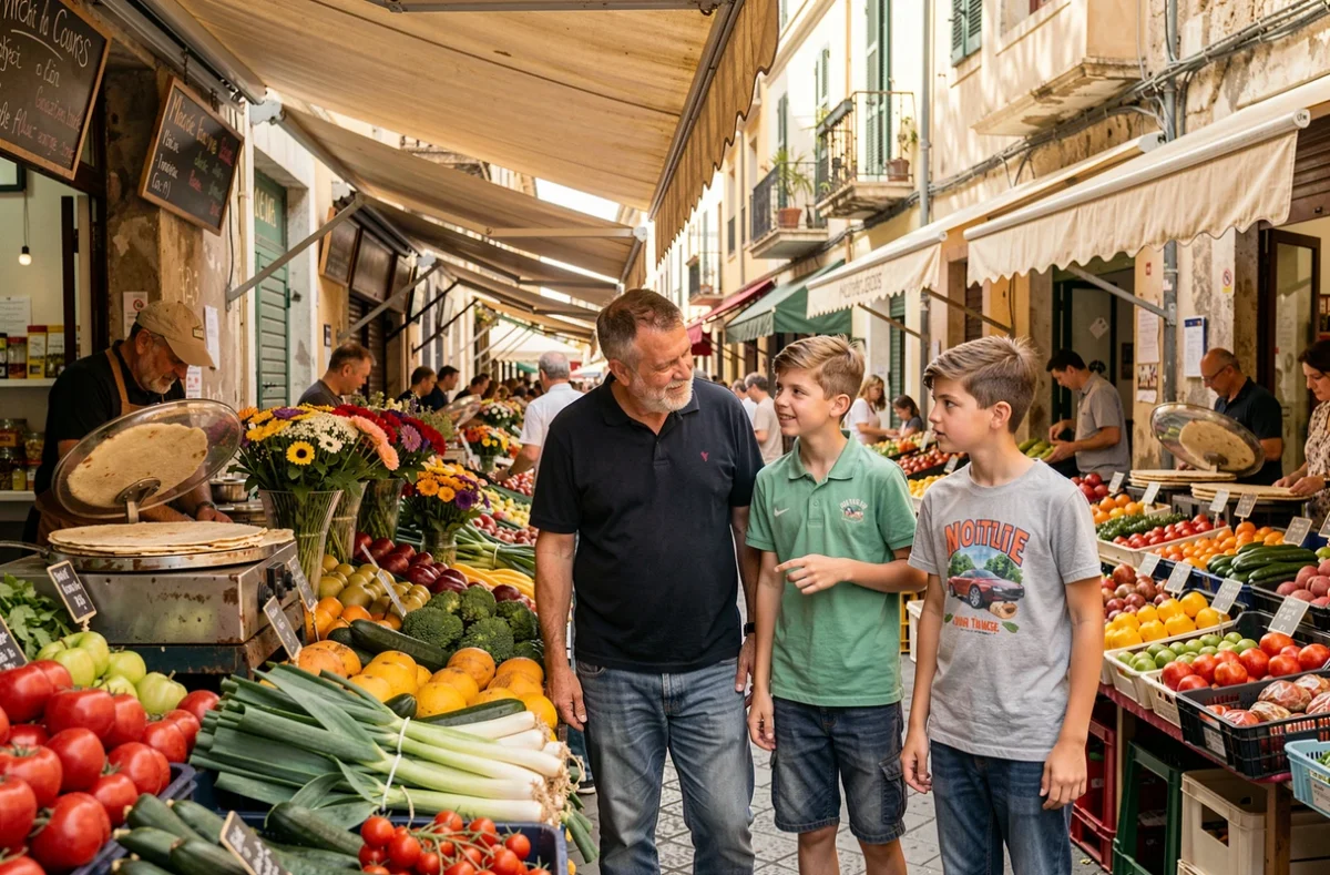 Un père et ses fils adolescents découvrant le marché du Cours Saleya à Nice en famille