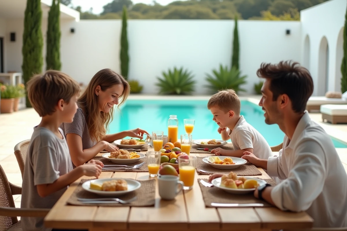 Famille prenant petit déjeuner sur terrasse de villa