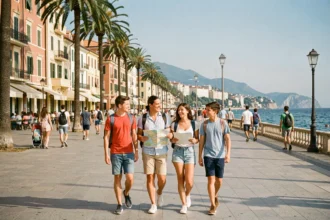Une famille souriante se promenant sur la Promenade des Anglais à Nice lors d'un voyage en été