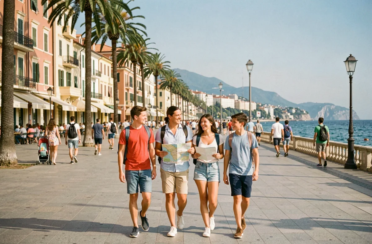 Une famille souriante se promenant sur la Promenade des Anglais à Nice lors d'un voyage en été