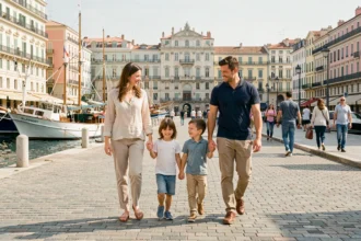 Famille avec enfants se promenant tranquillement sur le Vieux-Port de Marseille dans un quartier sécurisé et animé