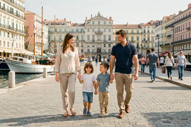 Famille avec enfants se promenant tranquillement sur le Vieux-Port de Marseille dans un quartier sécurisé et animé