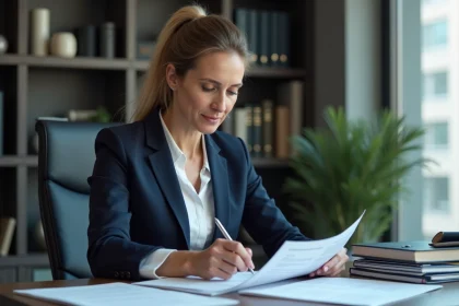 Femme d affaires en costume bleu examine des documents