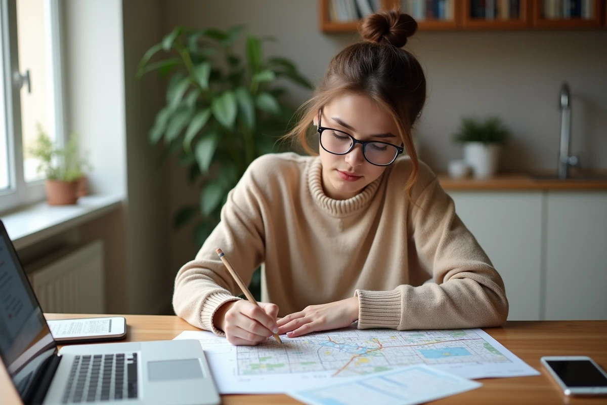 Jeune femme annotant des cartes dans une cuisine moderne