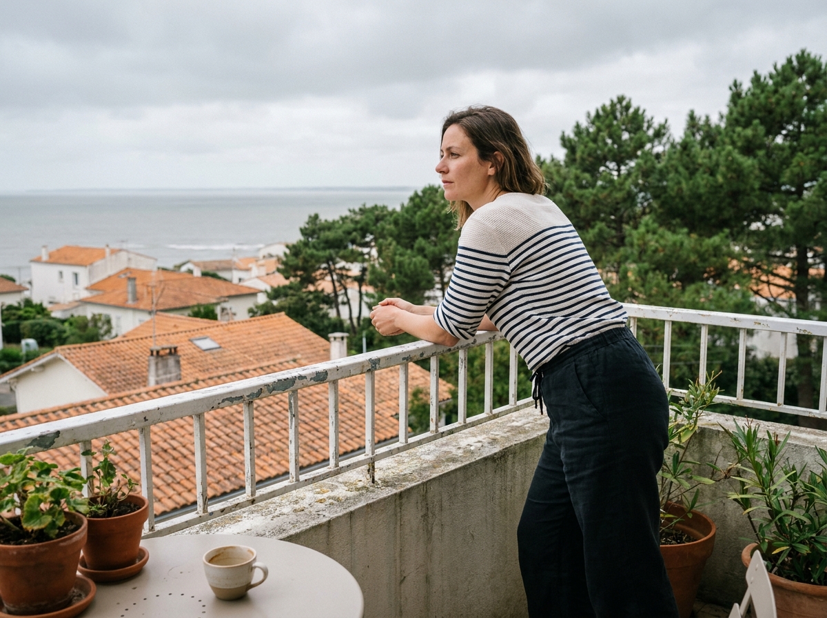 Femme sur le balcon d'un appartement moderne à Royan avec vue sur les toits et l'estuaire de la Gironde