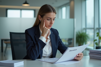 Femme en bureau moderne examine un dossier assurance