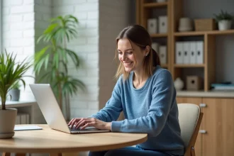 Femme souriante travaillant sur son ordinateur dans un appartement lumineux