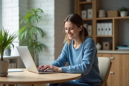 Femme souriante travaillant sur son ordinateur dans un appartement lumineux