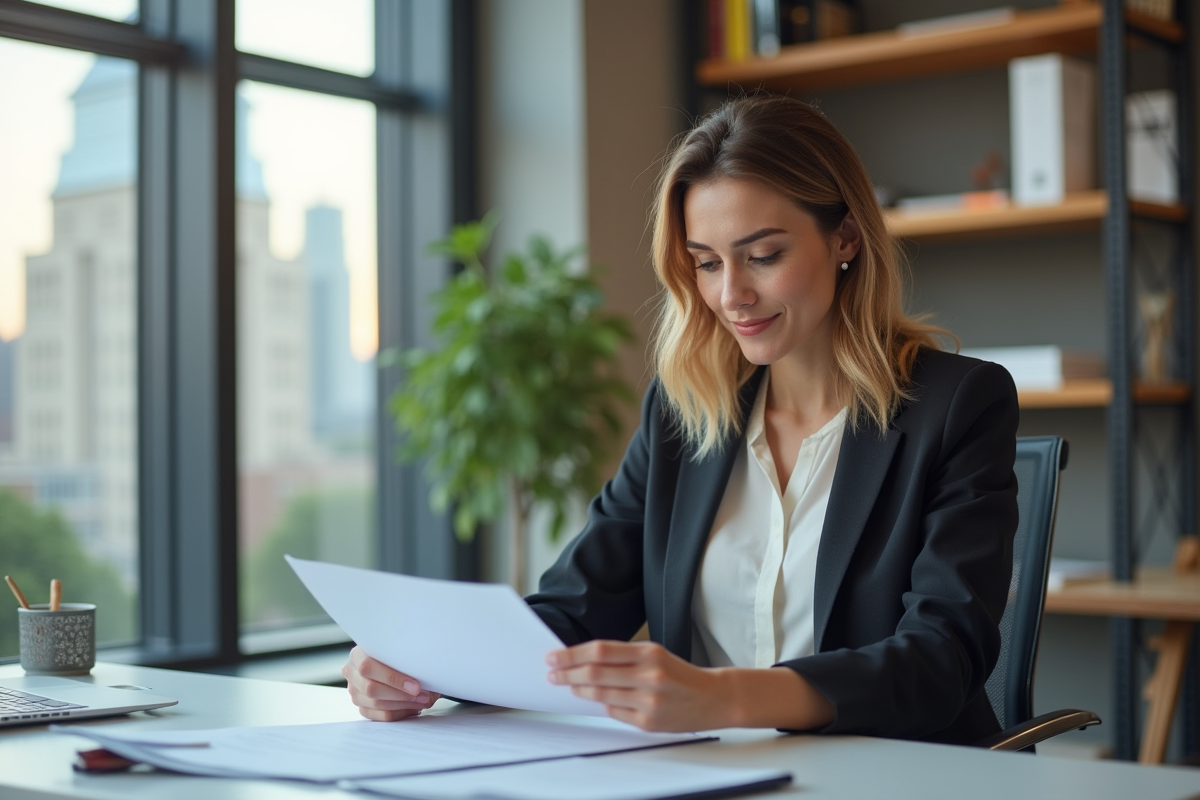 Femme d'affaires examine documents de pret immobilier