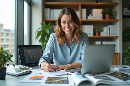 Femme en bureau avec réseaux sociaux et magazines