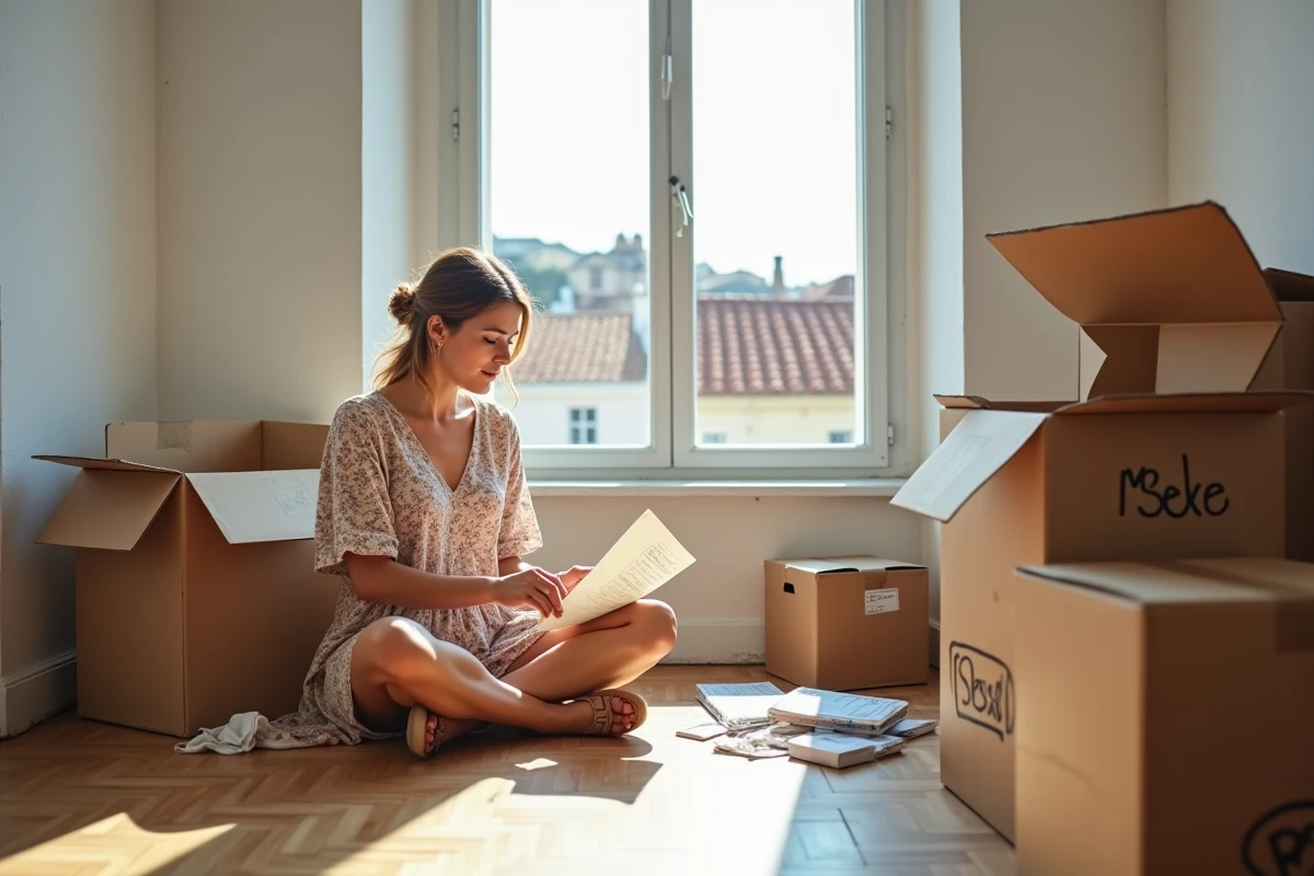Femme entourée de cartons dans un appartement vide lors d'un déménagement dans le sud de la France