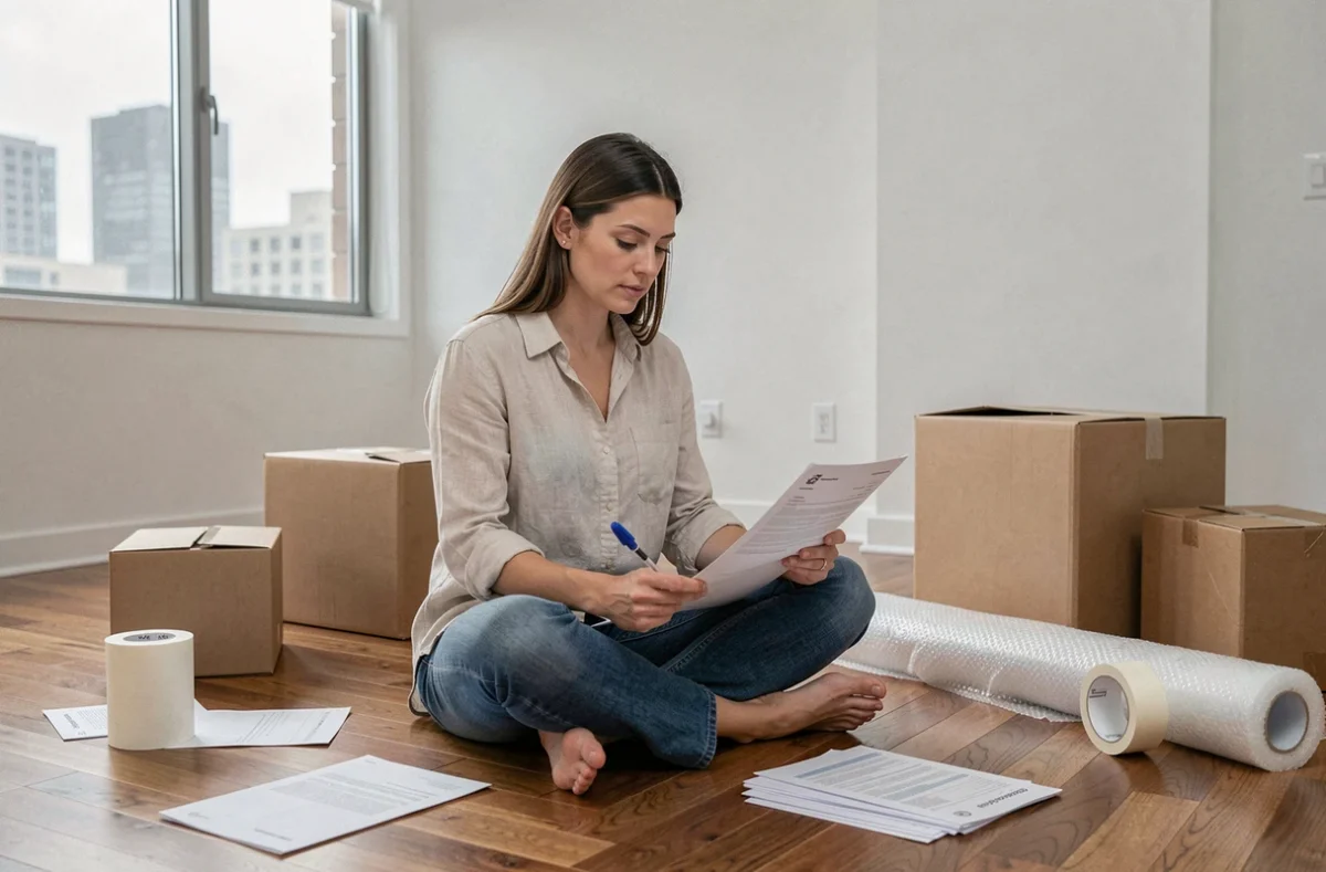 Femme assise parmi des cartons de déménagement consultant des documents d'assurance habitation dans un appartement vide