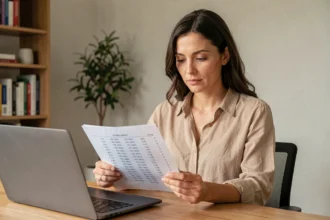Femme consultant un code spécifique Action Logement sur son ordinateur portable à son bureau