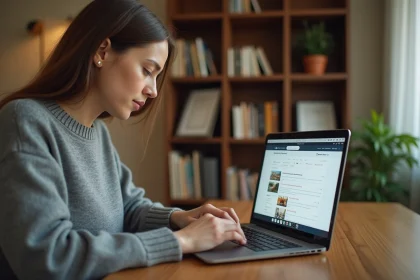 Femme comparant des avis sur des sites de location entre particuliers comme LOC SERVICE sur son ordinateur portable