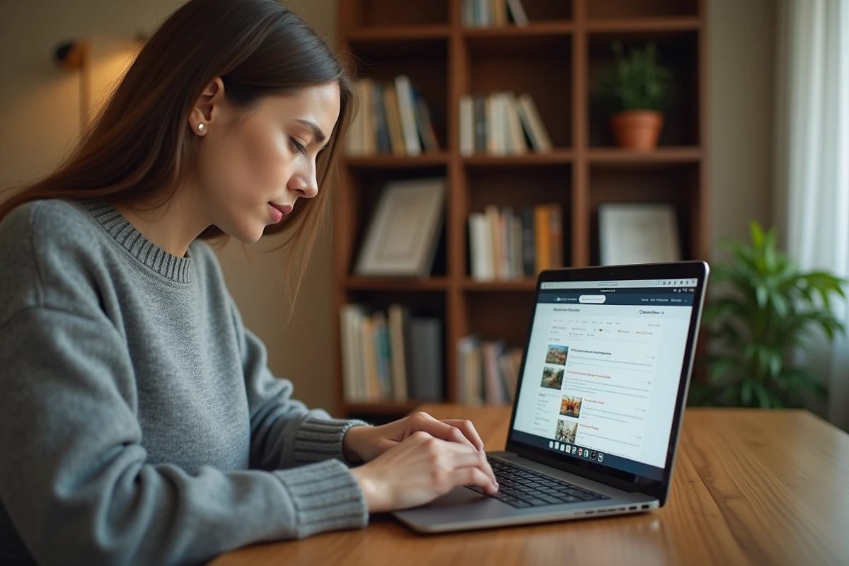 Femme comparant des avis sur des sites de location entre particuliers comme LOC SERVICE sur son ordinateur portable