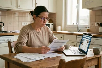 Femme consultant un comparateur d'assurance loyer impayé sur ordinateur portable avec des documents papier sur une table en bois