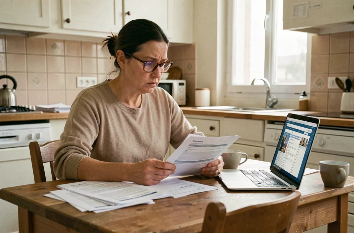 Femme consultant un comparateur d'assurance loyer impayé sur ordinateur portable avec des documents papier sur une table en bois