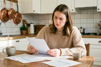 Femme consultant son contrat d'assurance habitation à la table de sa cuisine moderne