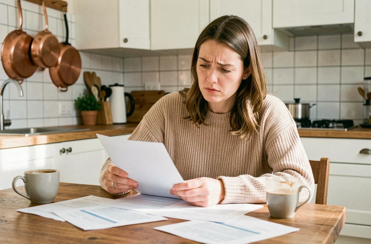 Femme consultant son contrat d'assurance habitation à la table de sa cuisine moderne