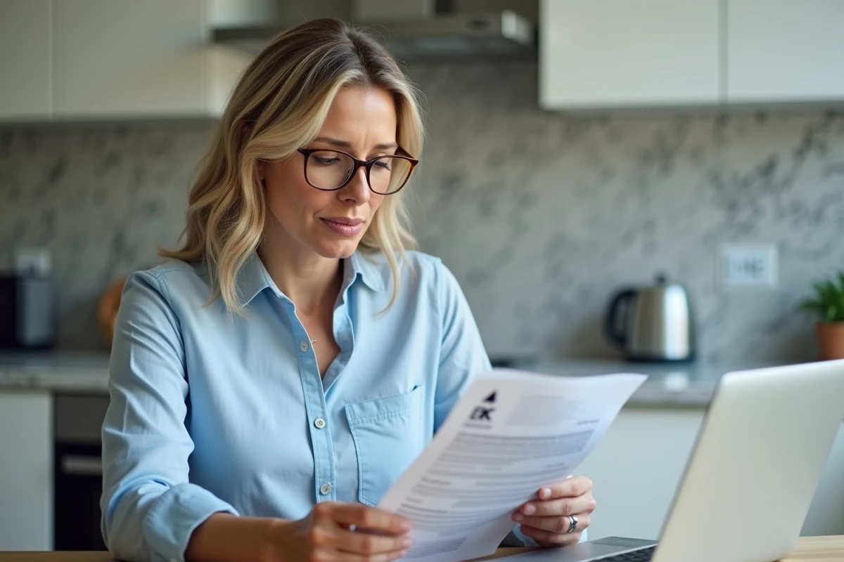 Femme consultant son contrat EDF à la maison pour effectuer une reprise de contrat sans coupure de courant