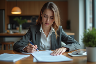 Femme lisant un contrat de location dans un appartement moderne