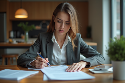 Femme lisant un contrat de location dans un appartement moderne