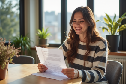 Femme souriante vérifiant un contrat de location Airbnb