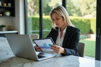 Femme d'âge moyen travaillant sur son ordinateur dans une cuisine moderne
