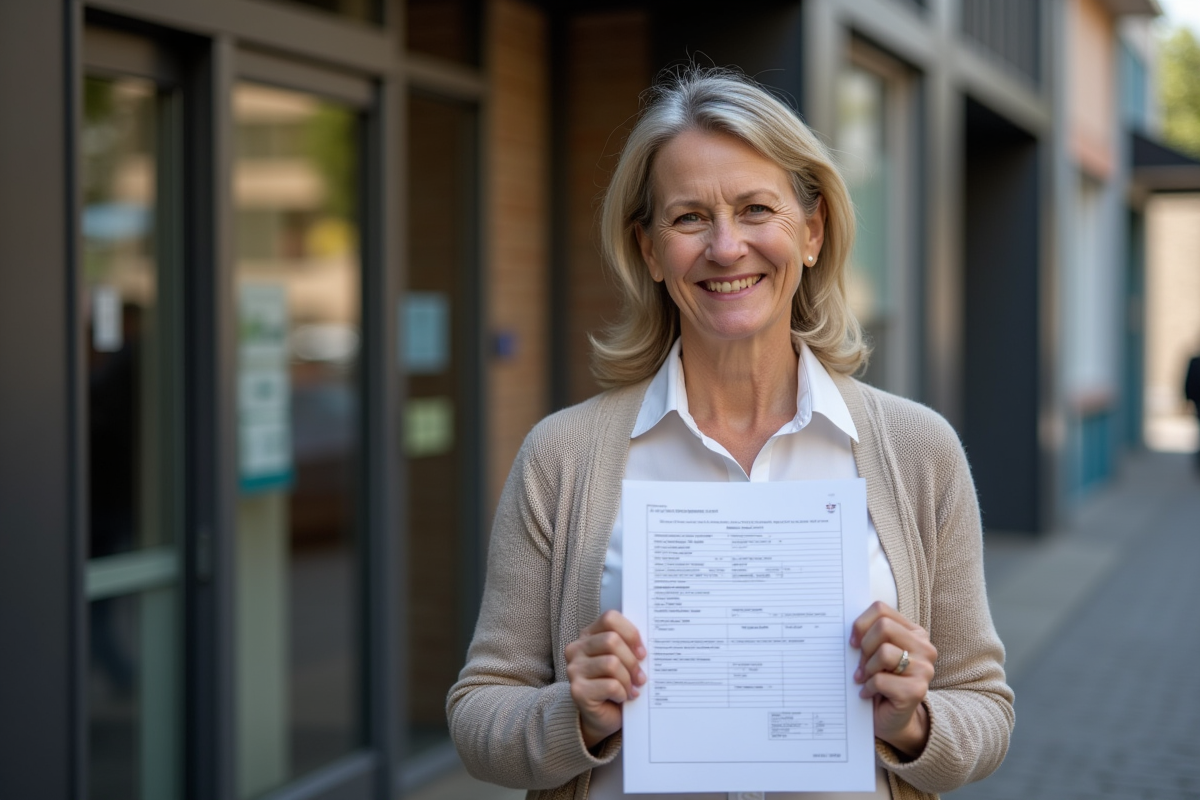 Femme confiante tenant un formulaire dans un bureau administratif