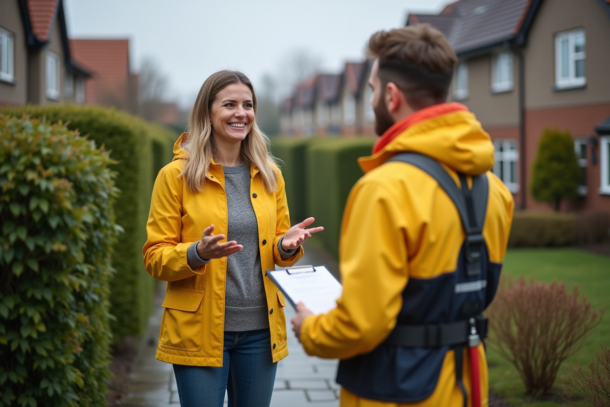 Femme souriante parlant avec un couvreur devant sa maison