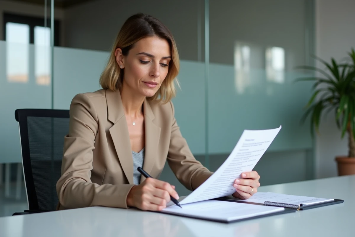 Femme consultant et annotant un document PDF notarial personnalisable dans un bureau moderne à Limoges