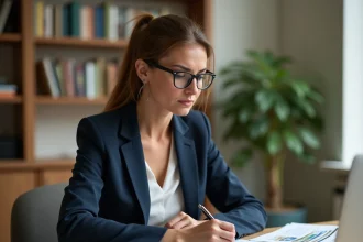 Femme examinant un dossier immobilier bloqué sur une annonce LOC à son bureau