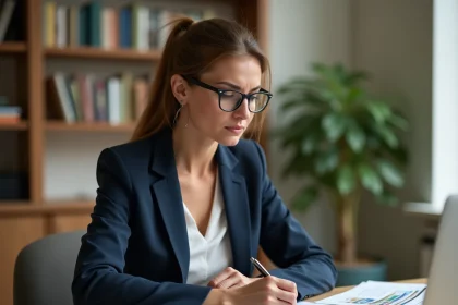 Femme examinant un dossier immobilier bloqué sur une annonce LOC à son bureau