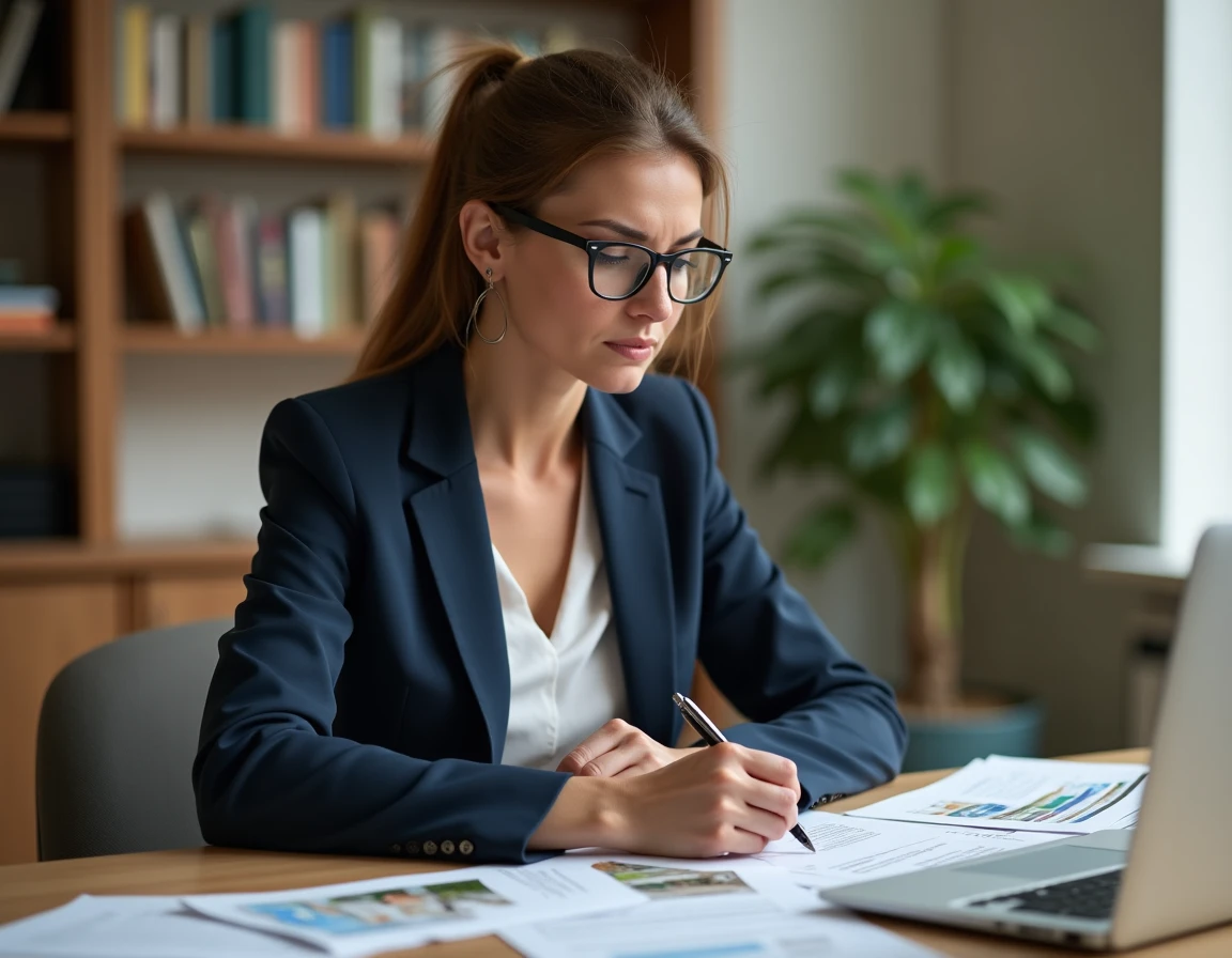 Femme examinant un dossier immobilier bloqué sur une annonce LOC à son bureau