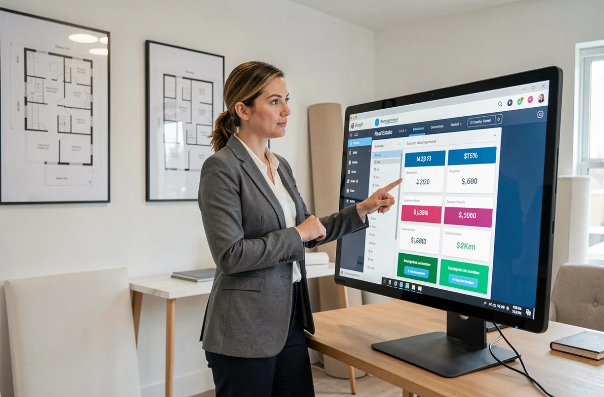 Femme professionnelle de l'immobilier évaluant les options de prix d'un logiciel de gestion immobilière sur un écran tactile
