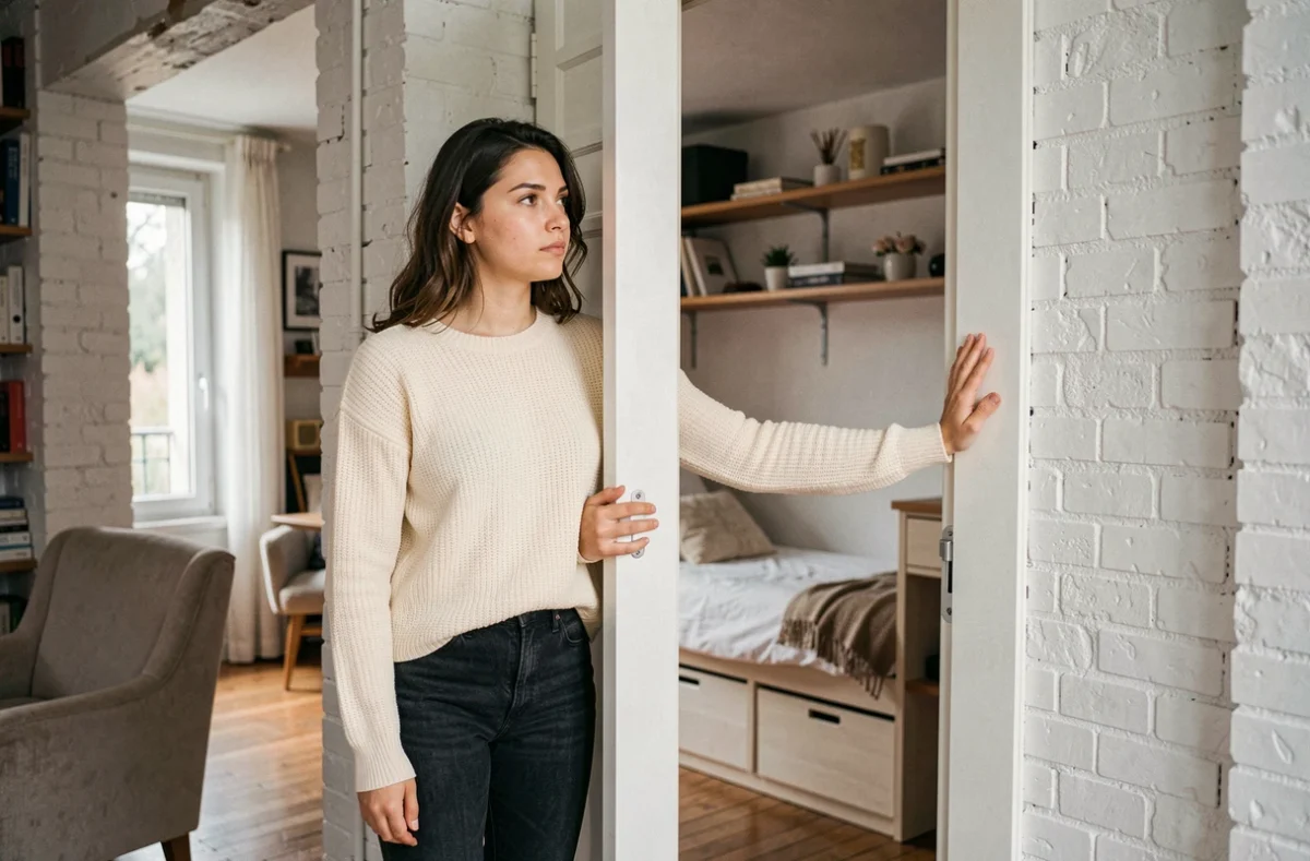 Femme évaluant la surface et le confort d'un petit appartement T1 ou T1bis à Paris