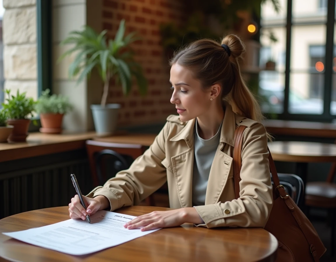 Jeune femme analysant un plan de financement immobilier dans un café parisien avec un petit apport