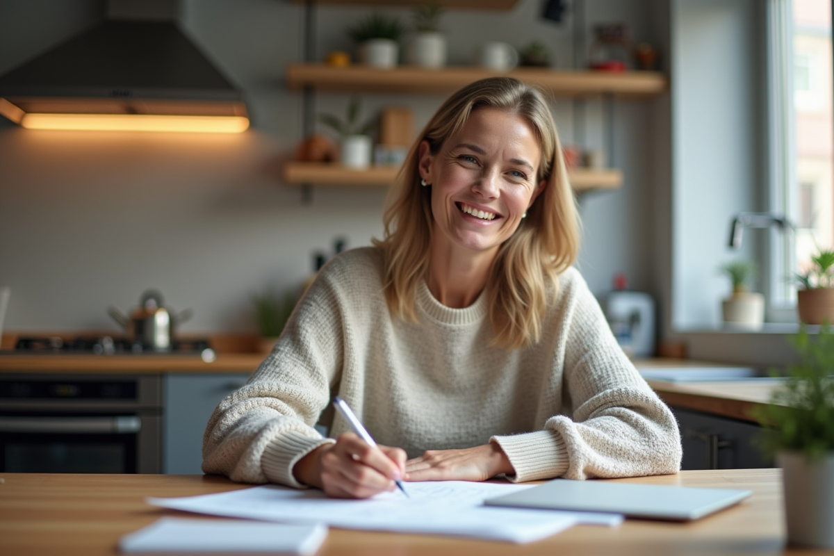 Femme concentrée remplissant un formulaire dans sa cuisine