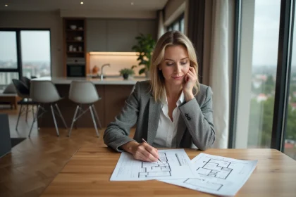 Femme d'âge moyen consulte factures et plans dans un appartement