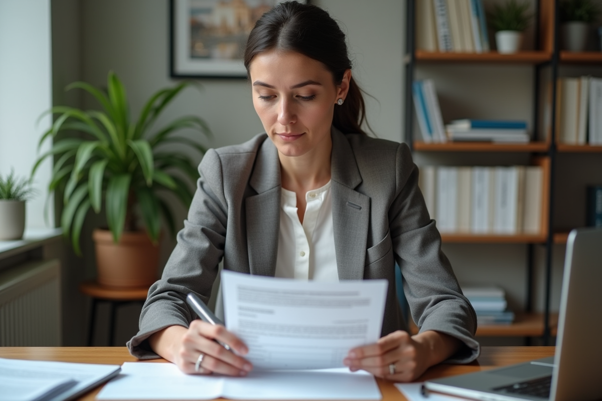 Femme en tenue professionnelle examine un relevé hypothécaire dans un bureau à domicile