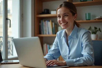 Femme utilisant le portail LOC annonces Mon compte pour gérer son logement social en ligne depuis son appartement parisien