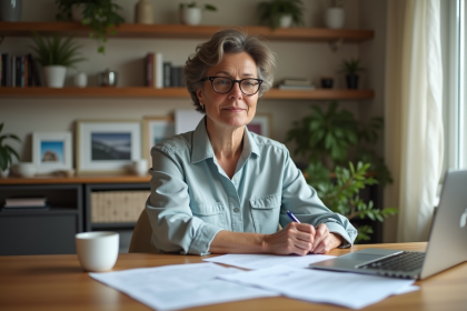 Femme d age moyen travaillant à la maison avec papiers et ordinateur