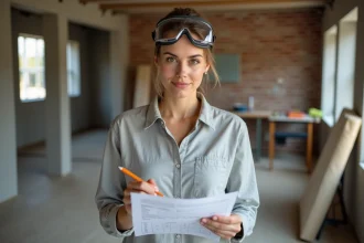Femme consultant un guide de rénovation dans un chantier en cours avec murs en briques apparentes et outils éparpillés