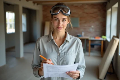 Femme consultant un guide de rénovation dans un chantier en cours avec murs en briques apparentes et outils éparpillés