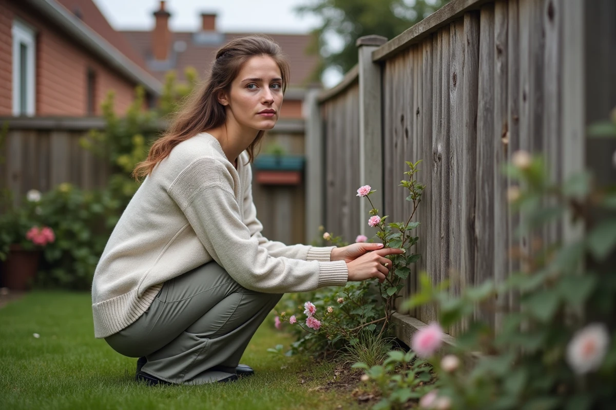 Jeune femme inspectant une clôture dans le jardin