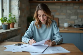 Femme en cuisine lisant des documents avec concentration