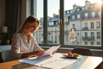Femme d'affaires lisant des documents immobiliers dans un appartement