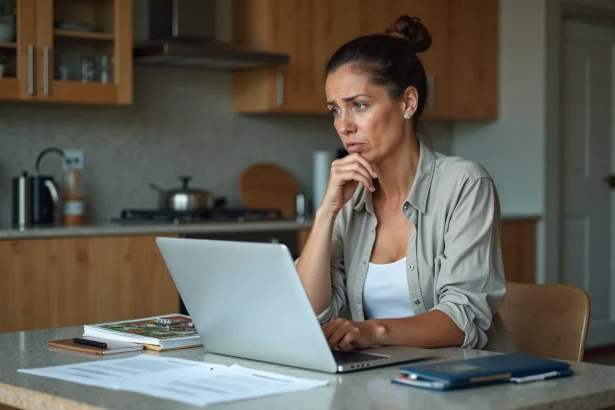 Femme d'âge moyen consulte documents immobiliers à la maison